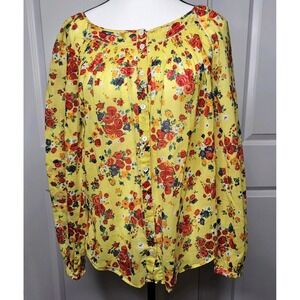 Postmark Anthropologie‎ Longsleeve Floral Top Size 4 Yellow With Red Roses